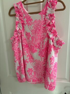 Lilly Pulitzer Pink & White Tropical Ruffle Top